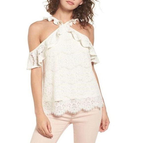 Love, Fire M Cross Neck Lace Cold Shoulder Top - Picture 1 of 8